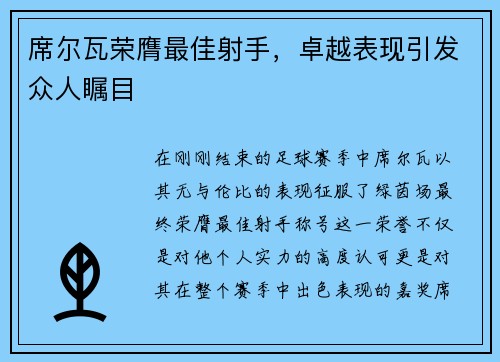 席尔瓦荣膺最佳射手，卓越表现引发众人瞩目