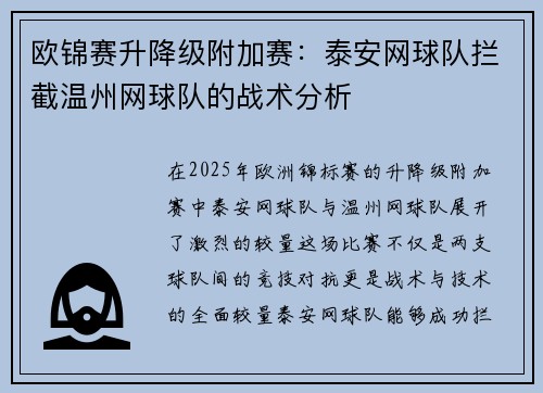 欧锦赛升降级附加赛：泰安网球队拦截温州网球队的战术分析